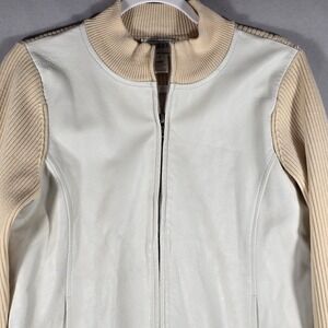Pendleton Womens S Leather Front Merino Wool Knit Jacket Beige‎ Cream Zip Up...